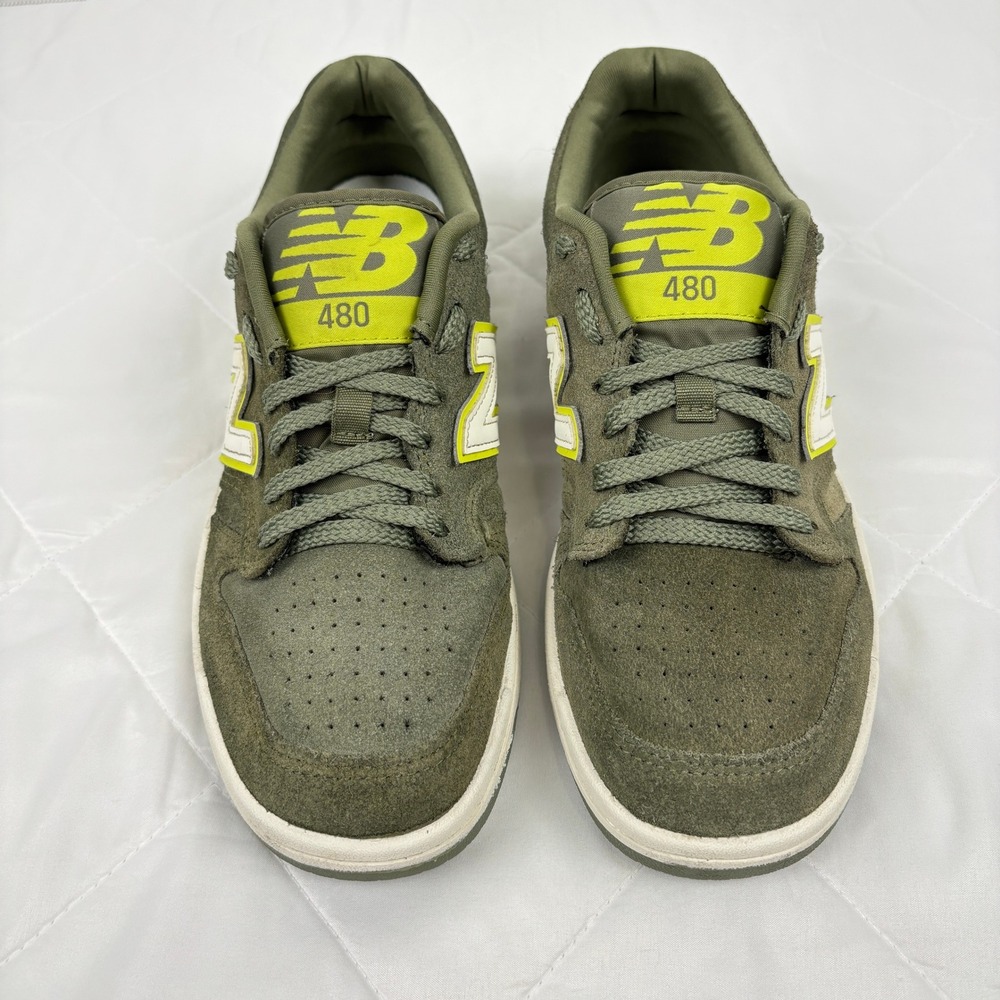 New Balance 480 Suede Sneakers Olive Green Neon Yellow Mens 7 Womens 8.5 - Picture 2 of 10